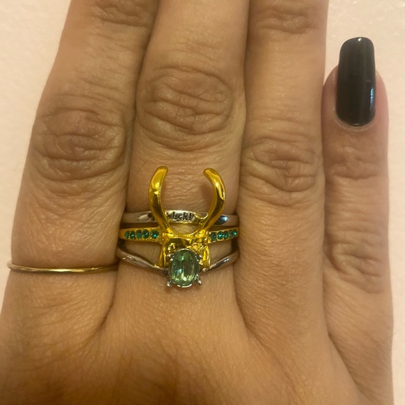 Loki rings 3 pc set new green silver gold rhinestone love Loki horns - Picture 13 of 14